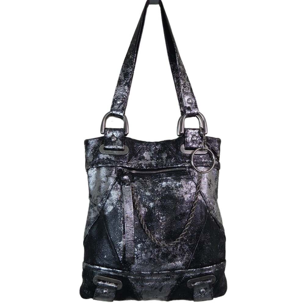 Custom B. Makowsky Metallic Silver Leaf Black Leather Shoulder Bag